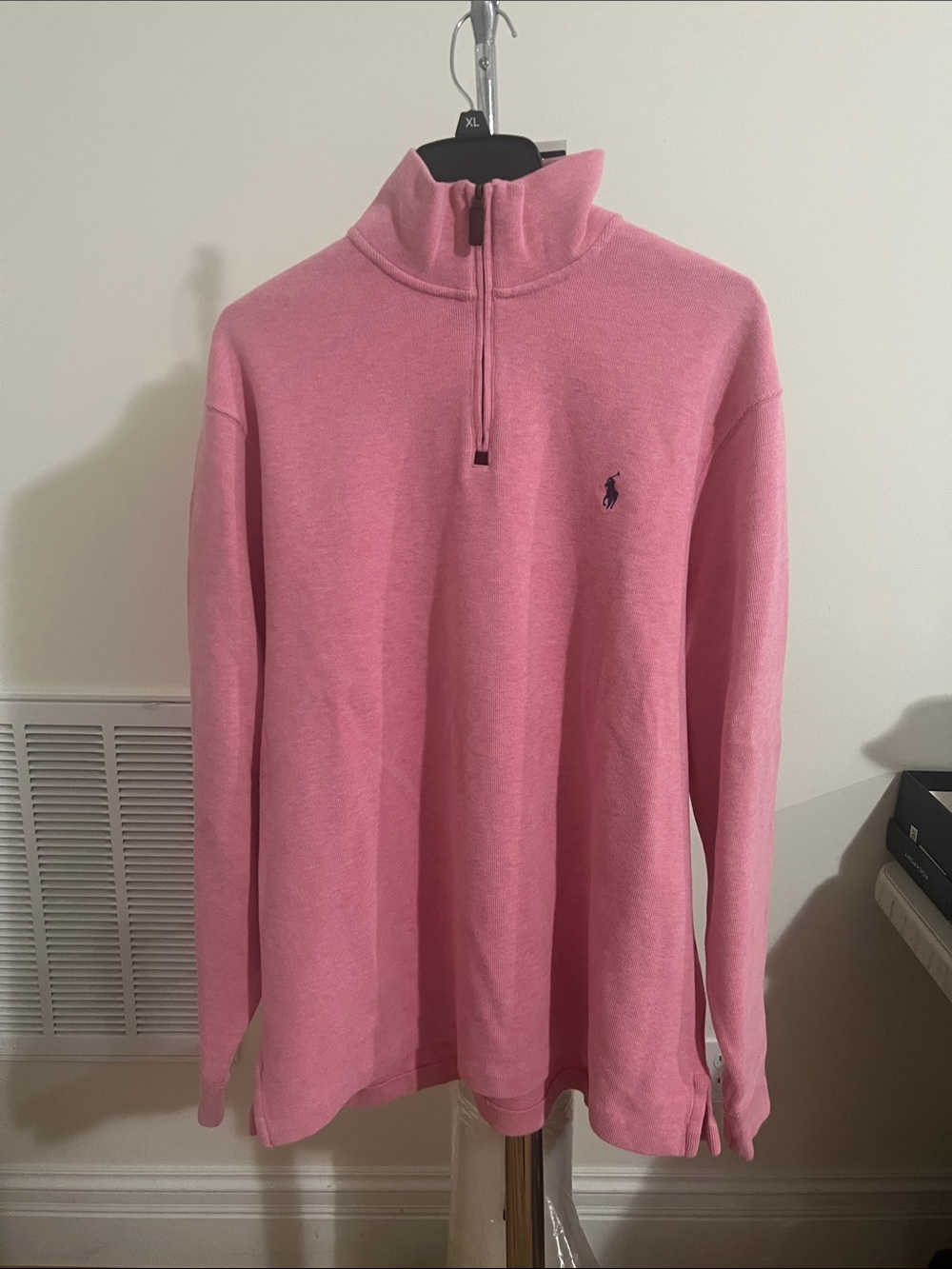 Polo by Ralph Lauren Pink Quarter-Zip Estate Rib Pullover Sweater Blue Pony